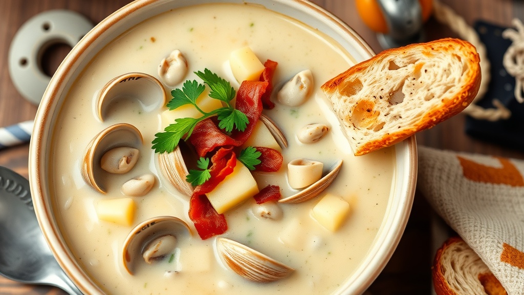 Creamy New England Clam Chowder Recipe A bowl of clam chowder with clams, potatoes, and bacon, garnished with parsley, next to a slice of bread.